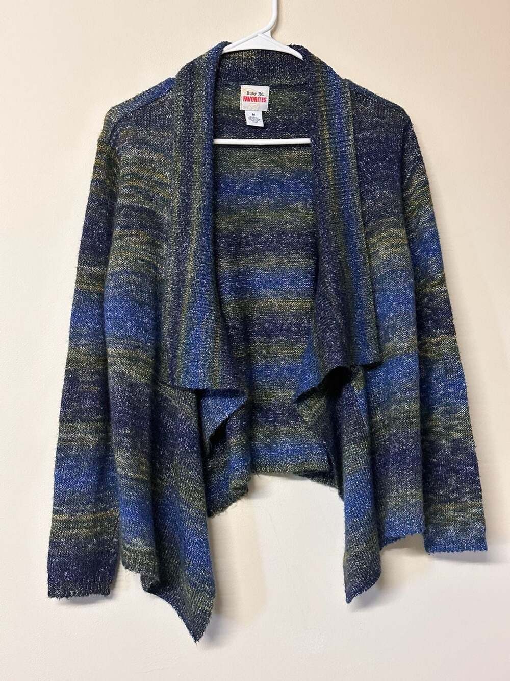 Ruby Rd. Favorites Cardigan Size M Blue Multi Open Front Knit Sweater